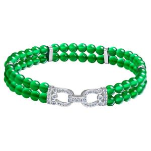 AILEQ | 925 Silver Natural Chalcedony Full Green Double Ring Hand Chain