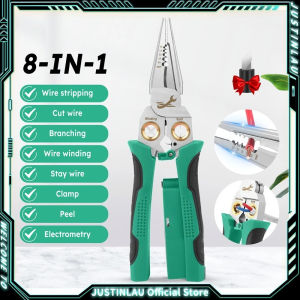 JUSTINLAU 8-in1 Electricians Pliers Multi-function Wire Stripper Stainless Steel Needle-nose Pliers with Electrical Measurement