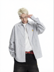 dangerouspeople | Dropped Shoulder Loose Casual Striped Embroidery Cotton Shirt