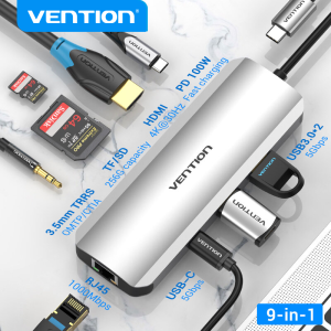 Vention Multiport USB C HUB Type C to USB 3.0 4K HDMI VGA SD TF PD RJ45 3.5mm Audio Full Function HUB laptop docking station Thunderbolt 3 Network Adapter HUB for iPad Pro 2020 Samsung Galaxy Huawei P20 30 Mate 20 30 Type C HUB