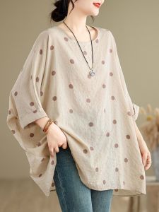 plus Size Cotton Linen T-Shirt Batwing Sleeve Slimming Loose Fit Summer New Style for Plump Sister Commute Style round Neck Polka Dot Print