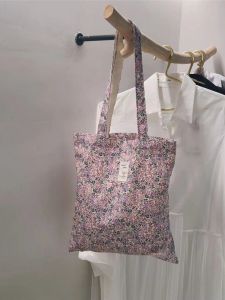 Korean Style Floral Cotton Canvas Single Shoulder Bag Womens Thin Large Capacity Fresh Tote Bag Lazy Style Womens Bag