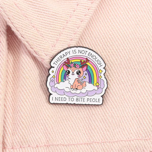 Therapy Is Not Enough I Need To Bite Peole Enamel Pin Rainbow Deer Cute Animal Brooch Lapel Badge Funny Jewelry Gift for Friends