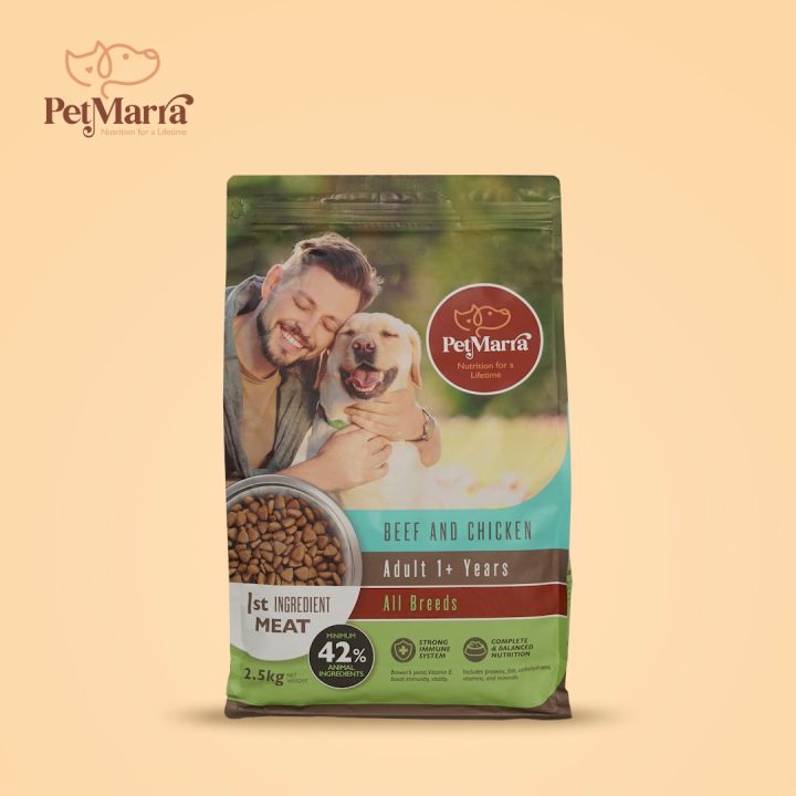 PetMarra Adult Dog Dry Food Ages 1 Year and Up Beef and Chicken Flavor 1kg dogs kibbles pet foods all breeds kibble