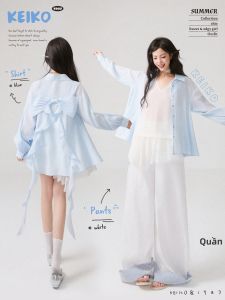 KEIKO | Áo Dài Tay Chống Nắng Màu Xanh Hiệu Ứng Sương Mờ Đính Nơ Ruy Băng Form Rộng
