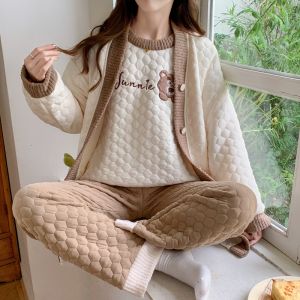 Womens Pajamas Spring and Autumn Long Sleeve Air Cotton Sandwich Thickened Three-Piece Suit Bear Sweet Cute Winter Loungewear