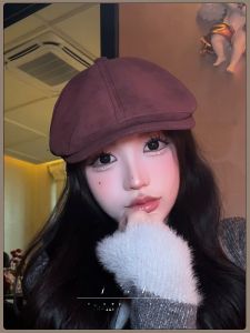 หมวกเด็กส่งหนังสือพิมพ์สีแดง Octagonal สำหรับผู้หญิงในฤดูใบไม้ร่วงและฤดูหนาว หนัง PU สไตล์ย้อนยุค หมวกเด็ก หมวกเบเรีย แฟชั่น