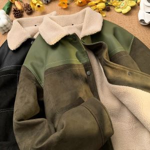 ผู้ชาย หลวม Fit Lamb Fur เสื้อแจ็คเก็ต Suede เสื้อโค้ทผ้าฝ้าย Turn-down ปกเสื้อ สไตล์สั้น ฤดูใบไม้ร่วง ฤดูหนาว เวอร์ชั่นเกาหลี PU หนัง Insert