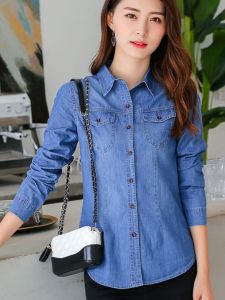 สลิมฟิต เดนิม เสื้อเชิ้ต ผู้หญิง ฤดูใบไม้ผลิ ฤดูใบไม้ร่วง เสื้อแจ๊กเก็ตบางแขนยาววินเทจ ผ้าฝ้าย ปกโปโล กระดุม กระเป๋าเสื้อ หลากหลาย เสื้อ