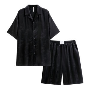 yuenei | Silk Ice Fabric Mens Summer Short Sleeve Sleepwear Shorts Home Clothes Lightweight Simplicity Style Casual Loose Fit Nightgown