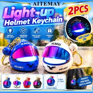 Aitemay LED Light Up Motorcycle Helmet Keychain 5.6cm Mini Night Light Keyring Flip Up Visor Bag Charm Pendant Gift For Biker