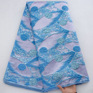 African Brocade Jacquard Lace Fabric 5Yards - Cream with Pink & Blue Abstract Pattern For Traditional Attire & Formal Gowns