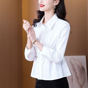 เสื้อเชิ้ตแขนยาวสำหรับผู้หญิง ทรงเข้ารูป ปกโปโล คอกลม ทรงหลวม ผ้าฝ้ายผสมโพลีเอสเตอร์ สีพื้น แฟชั่นฤดูใบไม้ผลิและฤดูใบไม้ร่วง