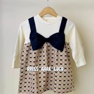 X BABY Dress Anak Perempuan Gaun Anak Cewek Lengan Panjang Katun Tile Full Pita Fake 2in1 Korean Style 1-4 THN