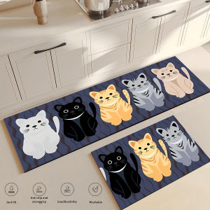 VIKAMA Cute Colorful Cats Kitchen Rug SetWater‑Oil Proof Non‑Slip Floor MatWashable Cartoon Kitten Decor Carpet for Kitchen