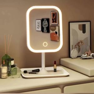 Dimmable LED Makeup Mirror with Stand Touch Control Vanity Mirror with Storage Tray for Bedroom & Bathroom Beauty Tools
