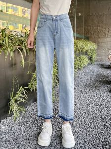 High-Waist Slim-Fit Denim Jeans for Women Summer Apple-Shaped Plus Size Blue Straight Leg Pants with Zipper Ankle-Length