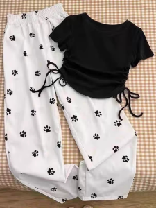 Korean Style Lazy Summer Fresh High Waist Slimming Short Sleeve T-Shirt + Casual Wide Leg Pants Two-Piece Set Womens Fashion