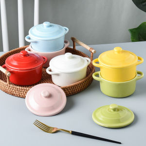 Ceramic Steam Eggs Bowl with Cover Double-Ear Bowl Shufulei Air Fryer Baking Bowl Childrens Household Stewed Tureen Birds Nest Tableware