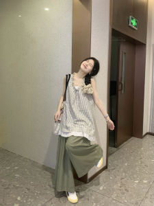 ชุดสองชิ้นลายสก็อตแขนกุดสำหรับผู้หญิง ชุดลำลอง กระโปรงทรงเอ ทรงหลวม ทรงเข้ารูป เสื้อผ้าทำงานสไตล์เกาหลี