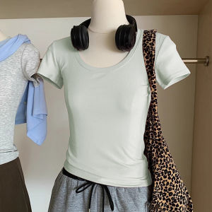 Áo Thun Cotton Cổ Chữ U Tay Ngắn Mùa Hè Cho Nữ Áo Lót Ôm Vừa Vặn Phong Cách Hàn Quốc Áo Thun Màu Trơn Mặc Đi Làm