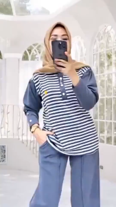 Setelan Wanita OLILA Set Jumbo Setelan Celana Wanita Kekinian Motif Garis Salur