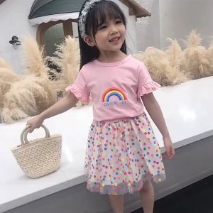 2-6ปีเด็กฤดูร้อนหญิงชุดเสื้อผ้า Rainbow เสื้อยืดพิมพ์ลาย + Polka กระโปรงลายจุด