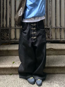 plus Size American Street Style Multi-Button Design Jeans High Waist Loose Wide Leg Knife Long Pants Trendy for Men And Women