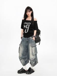 ARCG | Navy Blue Off-shoulder Retro Chic Short Top T-Shirt