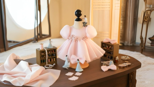 Váy công chúa dài tay cổ ngọc kèm cài 4-44 kgVáy cho bé gái đầy tháng thôi nôi sinh nhật chất mềm TN24624003