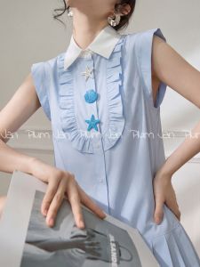 PlumJan | Youthful Blue Flutter Sleeve Plaid Pleated Summer Dress