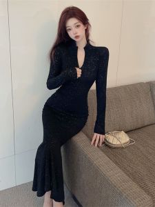 ฝรั่งเศส เรียบหรู เซ็กซี่ ปกตั้ง Shiny Party เดรส พรางหุ่น นางเงือกแขนยาวกลาง ชุดราตรี ผู้หญิง แฟชั่น เรียบหรู เดรส