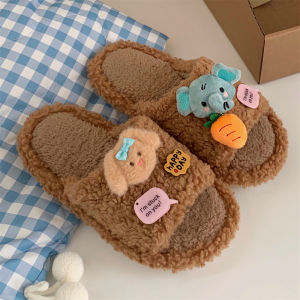 Festive Red Couple Cotton Slippers Cute New Home Shoes Lucky Year One-Strap Fur Slippers Warm Thick Bottom Indoor Shoes