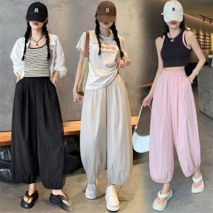 กางเกงกีฬาผ้าไหมน้ำแข็งเอวสูงสำหรับผู้หญิง กางเกงขายาวทรงหลวม กางเกงขายาวทรงหลวม ทรงหลวม ทรงหลวม เอวสูง ทรงหลวม ทรงหลวม