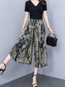 Bohemian High Waist Floral Print Seven Inch Wide Leg Pants Summer New Style Slimming Cotton Silk Thin Elastic Waist Skirt