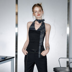 unifree | French Style Halterneck V-Neck Plaid Patchwork Contrast Waist-Fitted Ruffled High-Quality Unique Top