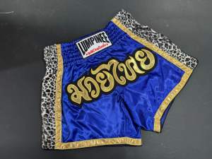 Lumpinee Satin Retro Muay Thai Fight Shorts Blue with Leopard Mesh