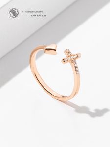 SHISHANGMEIDI | 925 Silver Cross and Heart Ring Warm Gold