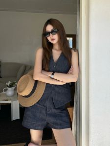 VKSOD | Retro Hong Kong Style V-Neck Vest Single Button Womens Top And Shorts Two-Piece Set High Waist Slimming Summer Fashion