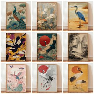Cranes Flying Poster Japanese Art Print Traditional Ink Painting Elegant Bird Art Nature Wall Decor Oriental Landscape Decor