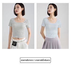 MiiOW | เสื้อยืดคอกว้างแขนสั้นทรงเข้ารูปสำหรับผู้หญิง MiiOW Cat ฤดูใบไม้ผลิ 2024 เสื้อชั้นในแบบสองชั้น ทรงสลิมฟิต ทรงสั้น แฟชั่น