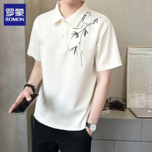 Romon Embroidered Polo Shirt Short Sleeve Mens Summer New Chinese Style Top Turn-down Collar Half Sleeve T-shirt Mens Wear