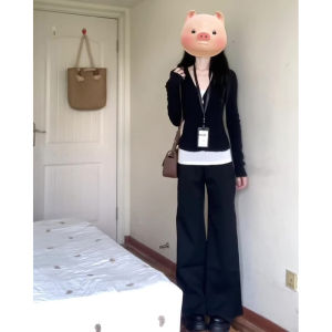 Casual Knitted Black Cardigan Top Slimming Crop Top And Pants Three-Piece Set for Women Fashionable Autumn Wear