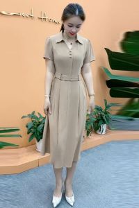 Elegant French Style Womens Dress Summer New High Waist Draped Polo Collar Slim Fit Midi Skirt Polyester Short Sleeve A-Line Dress
