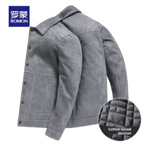 ROMON | Romon Mens Casual Suede Jacket Spring Autumn Fashionable Lapel Workwear Coat Long Sleeve Standard Fit Anti-Wrinkle Treatment