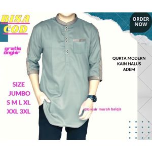 Baju Koko Qurta Lengan Pendek 3/4 Big Size Jumbo Pria Busana Pakaian Muslim Cowok Laki Dewasa Modern Ukuran M L XL XXL XXXL