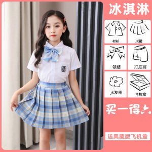 ชุดเดรส JK สำหรับเด็กชุดกระโปรงเด็กผู้หญิงแบบใหม่ฤดูร้อนชุดกระโปรงสั้นสำหรับนักเรียนประถมกระโปรงจับจีบลายสก๊อตสำหรับเด็กหญิง