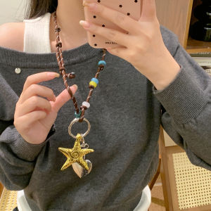 Retro Beaded Heart Star Pendant Necklace Womens Autumn Winter Sweet Cool Long Sweater Chain Fashion Jewelry Accessory