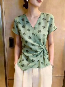 KUNAILIN | Commuter Style V-neck Short Sleeve Top Fashionable Casual Green Leaf Print Waist Tying Large Size