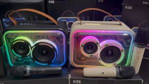 Loa bluetooth K56 hiệu ứng đèn LED lộ mạch kèm 2 micro karaoke không dây